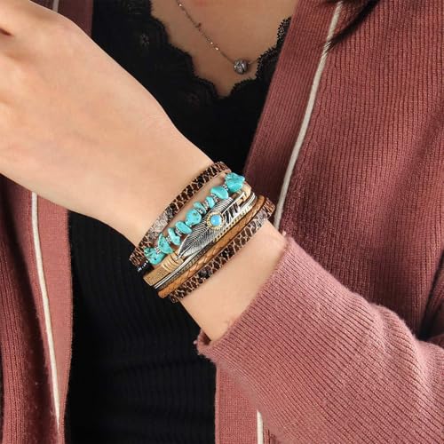 Fesciory Leopard Bracelet for Women, Boho Leather Wrap Multi-Layer Pearl Crystal Bracelet Bangle Jewelry - style: Feather(Brown)