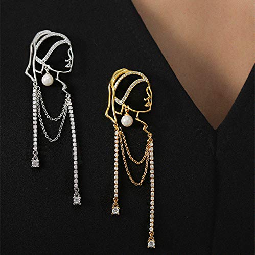 Unique Abstract Face Art | Dangle Statement Long Earrings for Women | Rhinestone Tassel Handmade Chandelier Earrings - color: gold