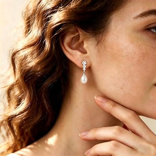 Pearl Earrings for Women, 14k Gold Plated Trendy Diamond Pearl Drop Earrings Hypoallergenic Dainty Bridal Gifts Wedding jewelry for Women - color: A—Silver