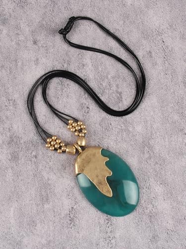 GelConnie Long Necklaces for Women Boho Large Pendant Necklace Casual Bohemian Brown Leather Choker Sweater Circle Statement Stone Necklace - style: Oval Green Stone Necklace
