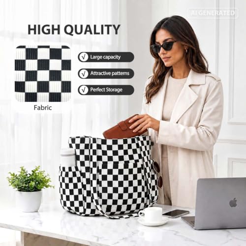 Corduroy Tote Bag for Women,Large Capacity Cute Tote Bags With 6 Pockets,Crossbody Shoulder Handbag for Work Travel Gym - color: Black White Checkered