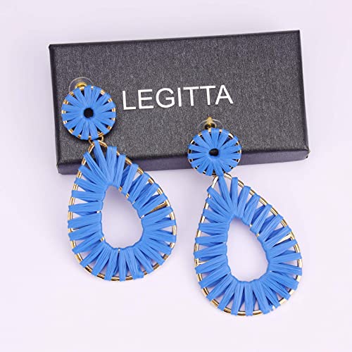 Raffia Teardrop Dangle Earrings Handmad Statement Drop Earrings - color: Royal Blue