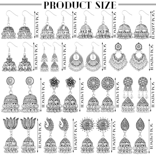 Nosiny 16 Pairs Jhumkas Indian Earrings for Women Vintage Jhumka Bell Hoop Dangle Earrings Set Ethnic Bohemian Indian Jewelry - color: Silver-black