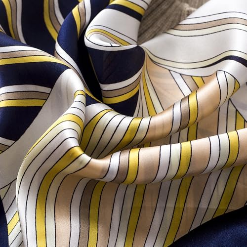 FEIBOON Mulberry Silk Scarfs Neck Scarf 21" Small Square Scarfs hair scarf bandana Neckerchief Headscarf for Women - color: Blue and Yellow Stripes
