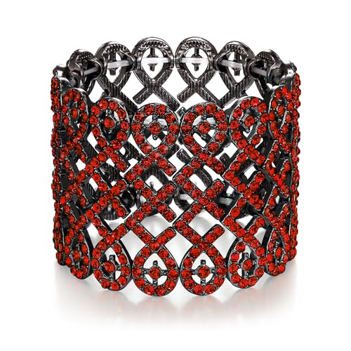 EVER FAITH Art Deco Love Knot Wide Stretch Bridal Bracelet Austrian Crystal - color: Red Black-Tone