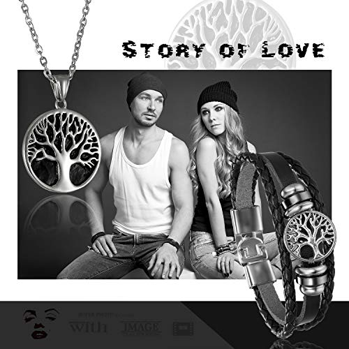 Cupimatch Men Tree of Life Symbol Pendant Necklace Leather Bracelet, Stainless Steel 22 inch Chian Jewelry Set (Black) for Father's Day - color: Black