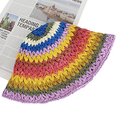 Women Straw Sun Hat Floral Woven Crochet Bucket Hat Y2k Aesthetic Accessories Beach Hat Hand Woven Boho Foldable Cap - color: Striped B
