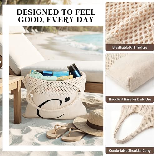 Shinylin Personalized Crochet Tote Bag for Beach Women Beige Mesh Knit Shoulder Bag Boho Aesthetic Tote for Women - style: Letter C