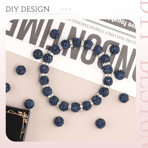 100pcs 10mm Rhinestone Beads for Jewelry Making, Blue Black Shiny Round Shamballa Disco Ball Beads Bulk, Sparkle Crystal Clay Christmas for Bracelet Baseball Necklace Earring Crafting and DIY - color: Blue Black, size: 10mm/100pcs