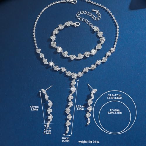 Bridal Wedding Jewelry Set Gold Silver Rhinestone Necklace Earrings Bracelet Set for Brides Bridesmaid Prom Costume Accessories - color: Silver