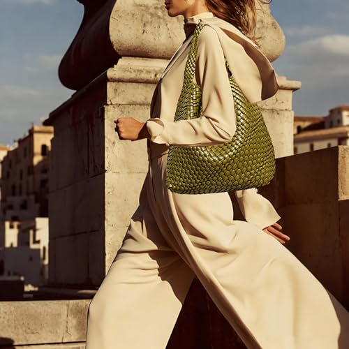 Woven Tote Bag For Women, Large Vegan Leather Travel Handbag, Casual Work Shoulder Bag, Underarm Commuter Hobo Bag With Purse - color: Green