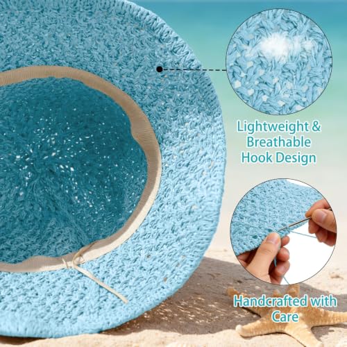 Sun Hat for Women Beach Hat Straw Bucket Hat Summer UV Protection, Packable Breathable Crochet Style - color: 1pack-light Blue
