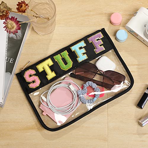 DYSHAYEN Chenille Letter Clear Zipper Pouch for Travel,Nylon Clear Cosmetic Bag,Makeup Travel Bag for Women Girls 11.8 Inches x 8.2 Inches - color: Black-Stuff