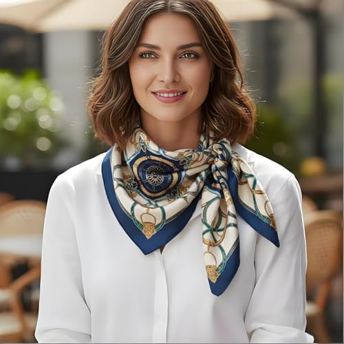 Premium Floral Scarf for Women 35x35 Square Silk Feel-Lightweight Scarves Headscarf Bandanas Wrapping Handbag - color: Golden Intertwined Chains