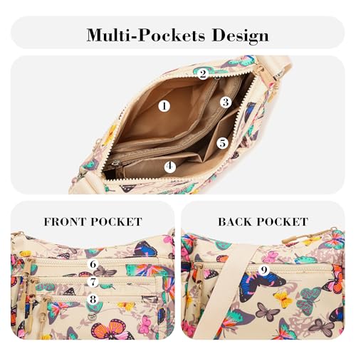 AOCINA Crossbody Bags for Women Multi Pocket Nylon Lightweight Ladies Purses Messenger Shoulder Handbags Satchel Travel Bag - color: Beige Butterfly, size: Large