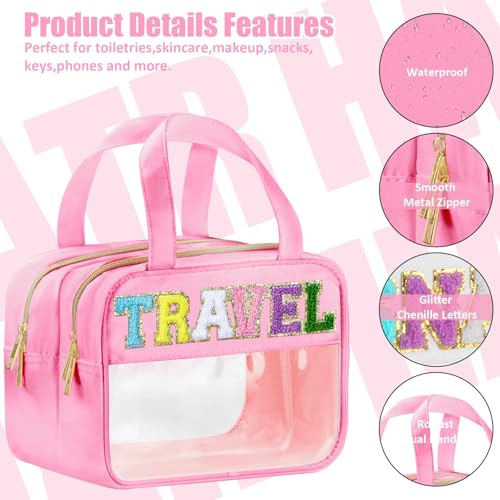 BuyCard Chenille Letter Clear Travel Bags, Makeup Bag for Travel, Preppy Patch Nylon Cosmetic Bag with Handles and Zipper, Waterproof Large Clear Travel Toiletry Bag Storage Bag for Women Pink - color: Pink-Travel