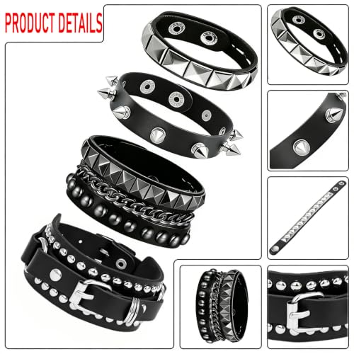Handmade Black Leather Wrap Studded Bracelets for Women Men, 4Pcs Vintage Punk Wrist Cuff Bangle Wristband Emo Jewelry Gifts - style: Pin Buckle Style