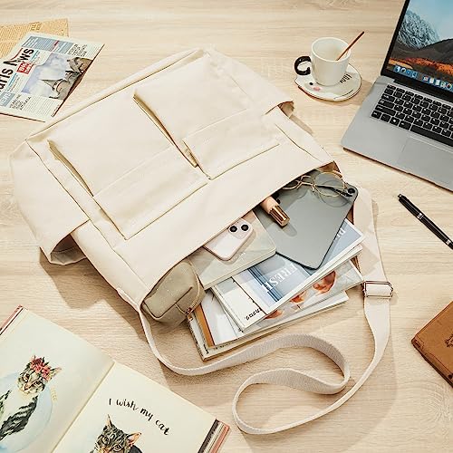 KALIDI Canvas Tote Bag Large Hobo Crossbody Shoulder Handbag Zipper Messenger Bag for Women or Men Casual College Work - color: Upgraded Beige
