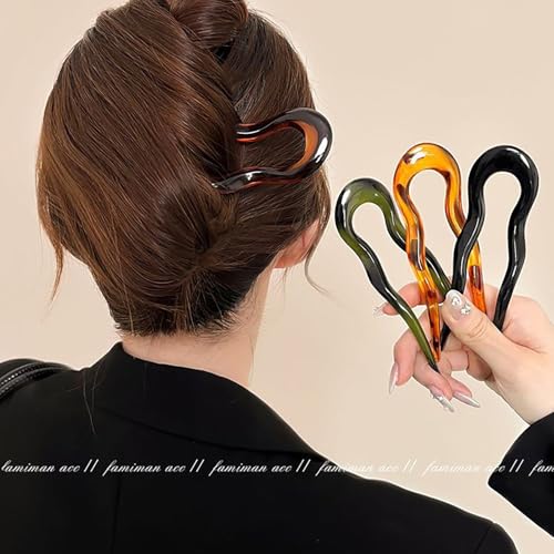 French Twist Stick Hair Fork, 4PCS Wavy U Shaped Hair Pin Clip for Spiral Updo Bun, Tortoise Shell, Fashion Flexible Durable Styling Hair Accessories for Women (Green, Black, Brown, Leopard Print)