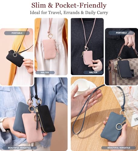 Leather Coin Purse for Women with Keychain & Wrist Strap – Small Zipper Coin Pouch, Mini Change Wallet, Slim Travel Key Pouch with Gift Box (Black) - color: Black
