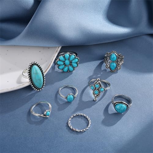 Bohemian Turquoise Ring Set for Women,Vintage Gem Turquoise Opal Joint Knuckle Stackable Rings Chunky Boho Midi Ring Pack Punk Western Ring Mixed Size - style: Style A