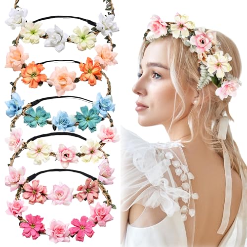 Crown for Girls & Women, Pink Headband & Headpiece for Weddings, Bridesmaids, Flower Girls, Tea Party, Bavarian Festival, Boho Floral Hair Accessories, 6 PCS