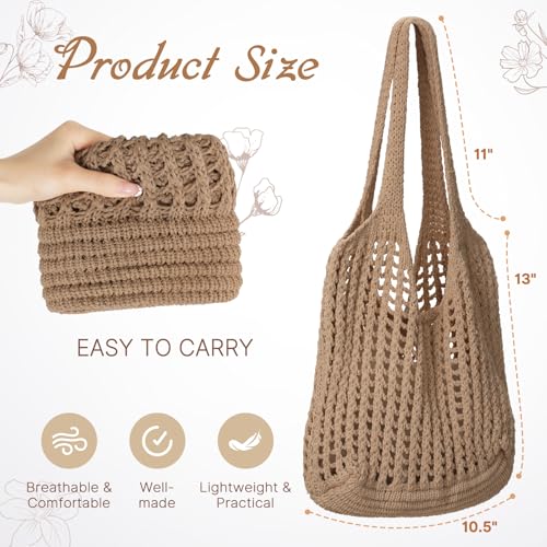 Tavaleu Crochet Tote Beach Bags for Women, Mesh Beach Tote Knit Bag, Summer Vacation Aesthetic Boho Hobo Shoulder Bag - color: Dark Khaki - Grid