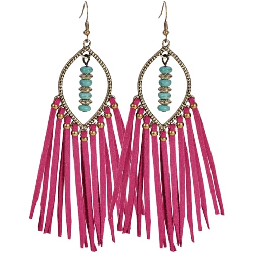 Long Bohemian Fringe Leather Earrrings Handmade Tassel Earrings with Turquoise Christmas Long Dangle Earrings for Women rodeo jewelry - color: 10