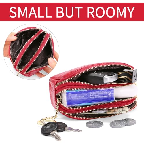 SENDEFN Small Coin Purse Leather 3 Zippered Change Pouch Wallet with Key Ring for Women - color: 1-Red