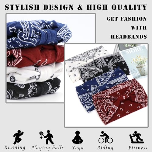 FULZTEY Wide Boho Headbands for Women Paisley Red Bandana Head Bands Non Slip Knotted Hairbands Elastic Sport Workout Headwraps Large African Thick Turban Fashion Hair Accessories 4Pcs - color: Style 111