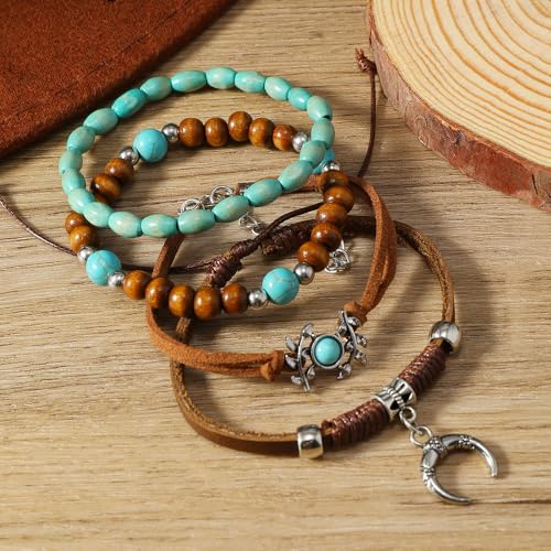 Western Turquoise Beaded Bracelet Stack - Vintage Cowgirl Stretch Set with Bull Skull, Feather & Boot Charms, Handmade Boho Jewelry for Rodeo, Country Concerts & Casual Western Outfits - style: Leaf