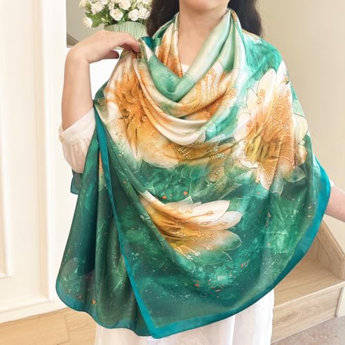 Long Silk Like Scarf Lightweight Satin Scarves Large Sunscreen Shawl Wrap for Women - color: 004.big Flowers Green