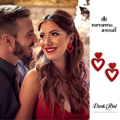 Double Heart Earrings Dangling Heart Drop Earrings For Women Love Heart Dangle Earrings Birthday Gift - color: Dark Red