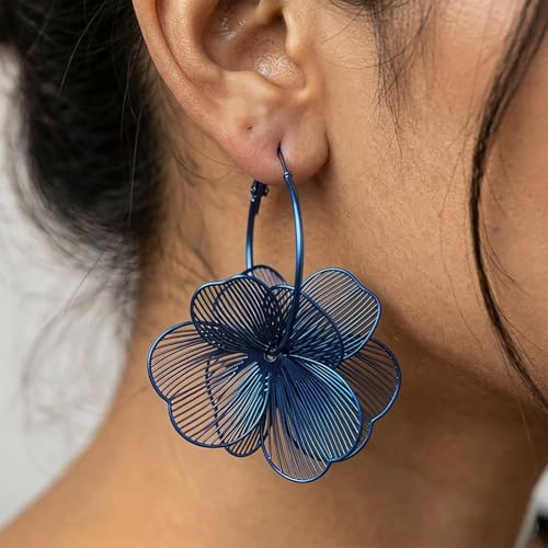 Gold Flower Statement Earrings for Women Boho Trendy Hoop Earrings Floral Dangle Petal Earring Prom Wedding Jewelry Gifts - color: A7:blue