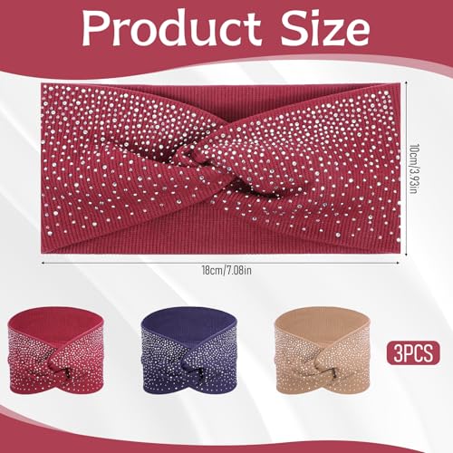 Sliverdew Rhinestone Headbands for Women, 3 Pcs Sparkly Crystal Wide Headbands Bling Fancy Sparkle Head Scarf Turban Stretchy Hair Bands Elastic African Head Wraps for Black Women - color: Burgundy & Khaki & Navy