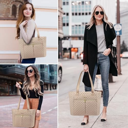 LOVEVOOK Laptop Bag for Women 15.6 inch,Diamond Quilted Work Tote Bags Womens Laptop Computer Shoulder Bags,Stylish Travel Tote Bags Laptop Purse Briefcase Handbag with Clutch Purse,Khaki - color: Khaki(quilted), size: 15.6 Inch