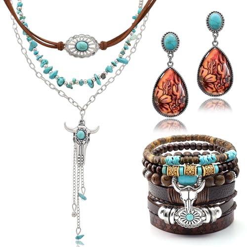 3 Pcs Layered Western Jewelry Set for Women Boho Turquoise Beaded OX-Head Necklaces Western Cactus Cowboy Chic Earrings Rustic Cowgirl Stack Bracelets Country Concert Outfits Accessory - color: OX-Head Tassel
