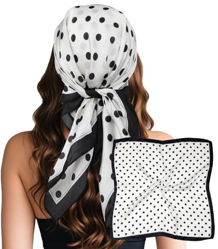 Sumolux Head Hair Scarf for Women Like Satin Silk Scarf Bandana Hair Wrapping Night Large Square Scarves 27.5" - color: White Black Polka Dots