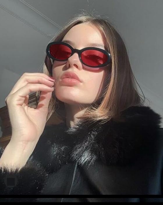90s Sunglasses for Women Men Retro Small Oval Sunglasses - color: Black/Red