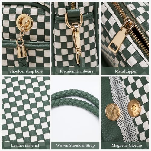 Chic Woven Crossbody Camera Bag, Soft Vegan Leather Purse with Designer Look & Braided Handle - color: Green and White Checkered