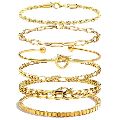 Alegend Titanium Steel (Not Rust, Resist Corruption, Easily Clean) 18K Gold Plated Single Bracelets + 14K Gold Plated Stackable Multilayer Bracelets - style: 14K Gold Plated Six-Layered