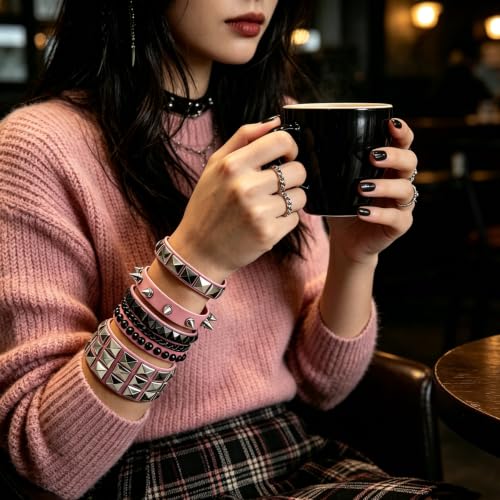 Handmade Black Leather Wrap Studded Bracelets for Women Men, 4Pcs Vintage Punk Wrist Cuff Bangle Wristband Emo Jewelry Gifts - style: Pink Square Stud Style