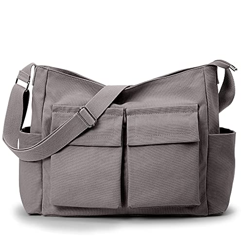 KALIDI Canvas Tote Bag Large Hobo Crossbody Shoulder Handbag Zipper Messenger Bag for Women or Men Casual College Work - color: Upgraded Grey