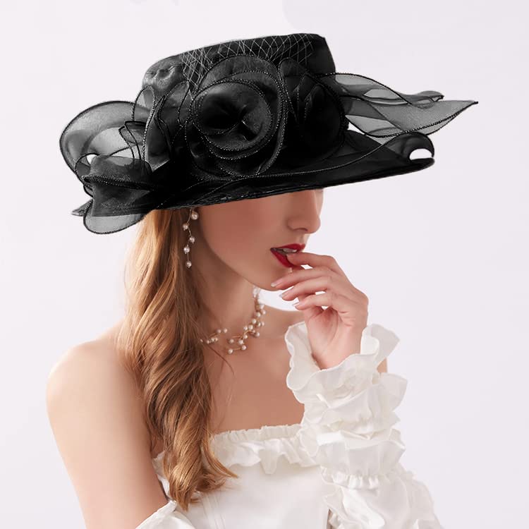 ORIDOOR Women’s Organza Church Tea Party Wedding Fascinator Derby Hat Wide Brim Sun Hats - color: D6-black