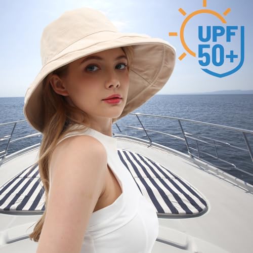 vidsel Womens Sun Hats Wide Brim Reversible Bucket Cotton Hat Packable Summer Travel Cap with Hat Clip,UV Protection - color: Medium-beige1, size: Medium