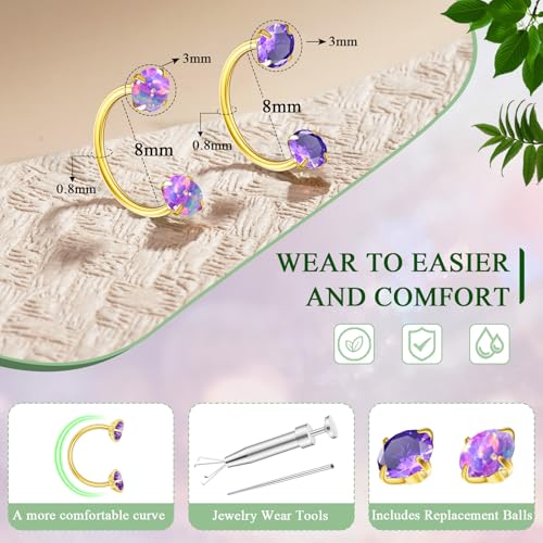 Opal Nose Ring Studs Horseshoe Nose Rings Hoops Stud 316L Stainless Steel Nose Rings Round CZ Square Screw L Shaped Nose Stud Hypoallergenic Nostril Piercing Jewelry for Women Men - color: Gold/3.0mm Purple gem/20gauge
