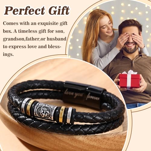 Mens Leather Bracelet,Black Stainless Steel Double-Row Braided Black Stainless Steel Love You Forever Engraved,Baptism Easter Day Gift for Men Son & Grandson - style: For Boyfriend