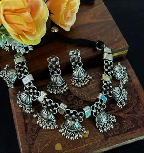 Indian Designer Statement Afghani Silver Oxidised Dual Tone Ethnic Traditional Tassel Choker Necklace Jewelry Women - color: Silver 1
