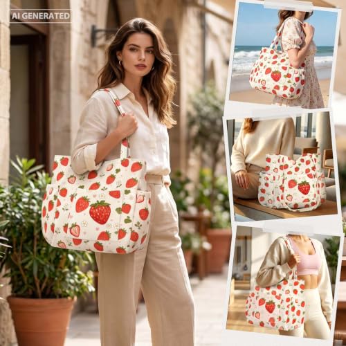 Corduroy Tote Bag for Women,Large Capacity Cute Tote Bags With 6 Pockets,Crossbody Shoulder Handbag for Work Travel Gym - color: Watercolor Strawberry