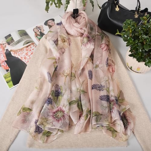 100% Mulberry Silk Women's Neck Silk Scarf-Lightweight Shawl,FLoral Print Beach Silk Wrap-Scarves for Photography - color: Dusty Pink